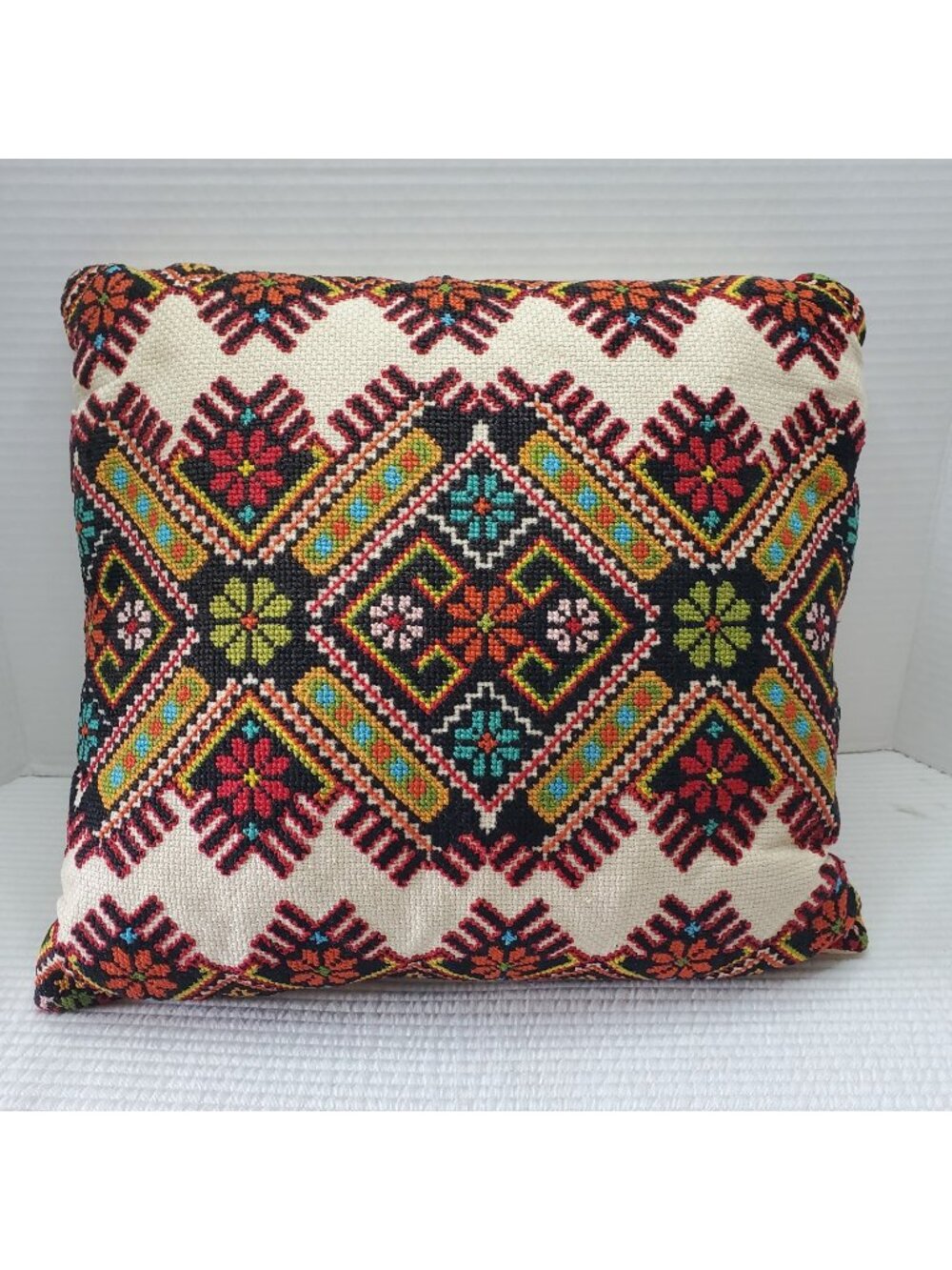 Ukrainian Cross Stitch Vintage Embroidered Pillow 13.5"x12.5" Cottagecore Square